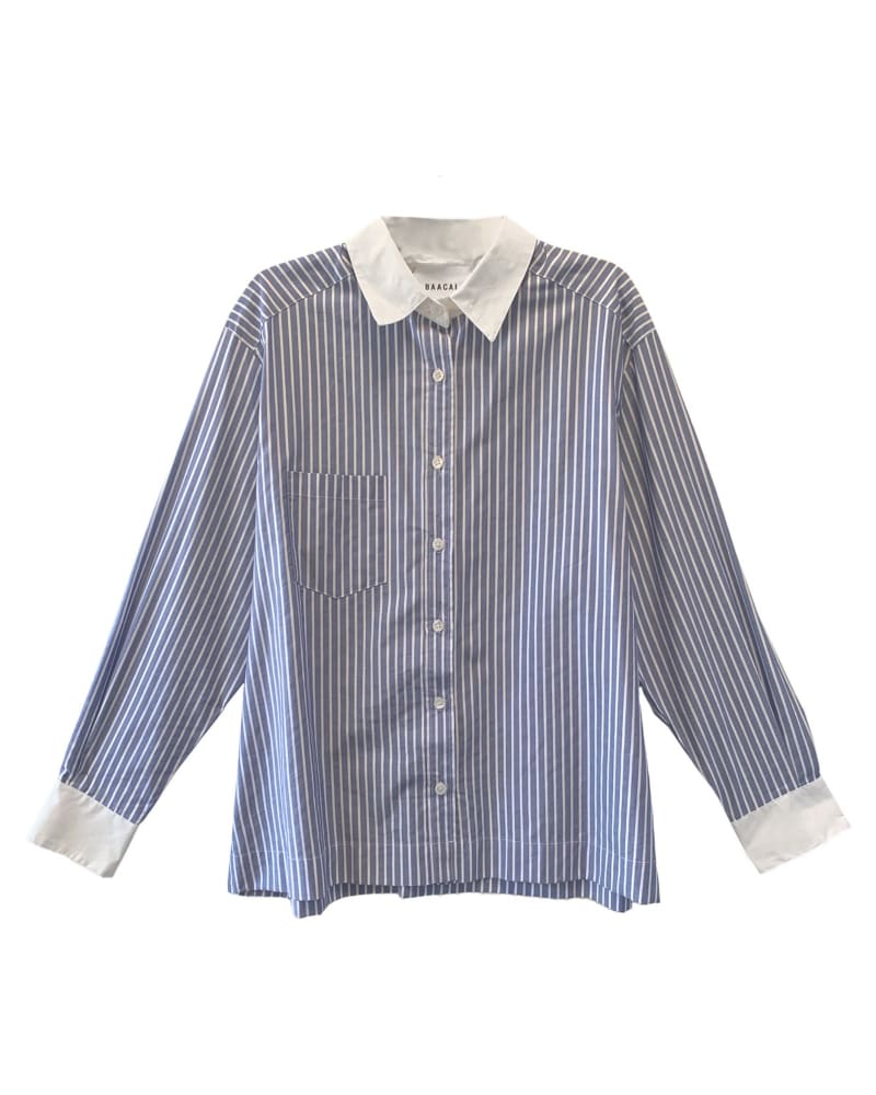 Front of a size 1 Perfect Oversized Stripe Shirt #2 French Blue in Blue & White Striped by BAACAL. | dia_product_style_image_id:314163
